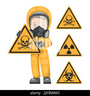 Industriearbeiter mit Warnzeichen vor toxischen, radioaktiven und biologischen Materialgefahren. Warnsymbole und Symbol. Arbeitssicherheit und Belegung Stock Vektor