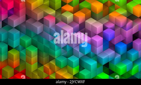 Geometrische bunte abstrakte 3D Hintergrund von Regenbogenquadraten und Würfel. Wissenschaft, Design, Spiel, Technologie, Lifestyle-Konzept. Hochwertige 3D-Illustration Stockfoto