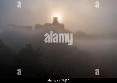 Norham Castle steigt durch den frühen Morgennebel auf Stockfoto