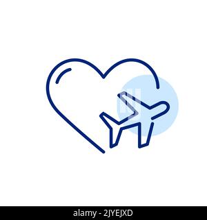 Reisen lieben. Ebene auf einem Herzsymbol. Pixel-perfektes, bearbeitbares Strichsymbol Stock Vektor