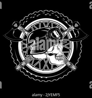 Design im Biker-Retro-Stil. Motorradrad, behelmter Schädel mit Brille und gekreuzte Wikingerachsen im Vintage-Stil gezeichnet Stock Vektor