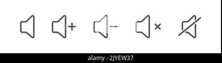 Lautstärkesymbol. Klangregler. Ein Satz von Symbolen für die Lautstärke- und Steuerschnittstelle. Leere Umrisse, flacher Stil. Stock Vektor