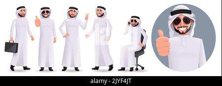 Arab Business man Vektor-Zeichensatz. Arabische männliche Boss-Charaktere mit Daumen nach oben und stehenden Posen und Gesten für die professionelle emirati-Kollektion. Stock Vektor