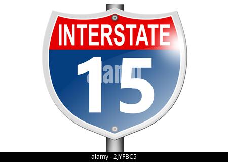 Interstate Highway 15 Straßenschild isoliert auf weißem Hintergrund, 3D Rendering Stockfoto