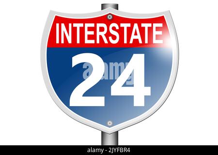 Interstate Highway 24 Straßenschild isoliert auf weißem Hintergrund, 3D Rendering Stockfoto