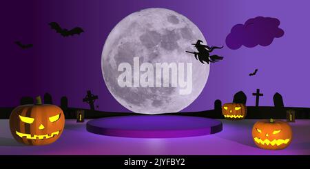 3D Illustration halloween Hintergrund Illustration geschnitzt halloween Kürbis Hintergrund mit Vollmond Hexe Grabsteine Spinnen und Fledermäuse Stockfoto