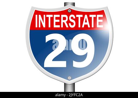 Interstate Highway 29 Straßenschild isoliert auf weißem Hintergrund, 3D Rendering Stockfoto
