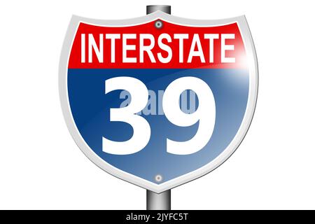 Interstate Highway 39 Straßenschild isoliert auf weißem Hintergrund, 3D Rendering Stockfoto