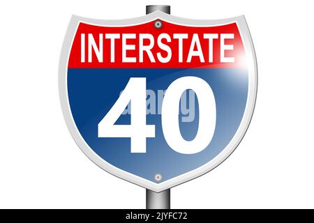 Interstate Highway 40 Straßenschild isoliert auf weißem Hintergrund, 3D Rendering Stockfoto