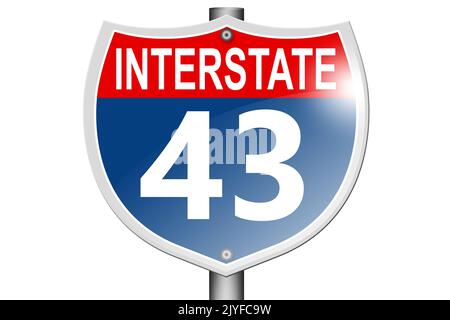 Interstate Highway 43 Straßenschild isoliert auf weißem Hintergrund, 3D Rendering Stockfoto