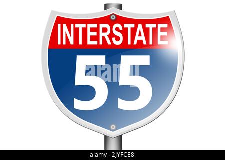 Interstate Highway 55 Straßenschild isoliert auf weißem Hintergrund, 3D Rendering Stockfoto