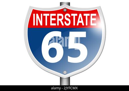 Interstate Highway 65 Straßenschild isoliert auf weißem Hintergrund, 3D Rendering Stockfoto