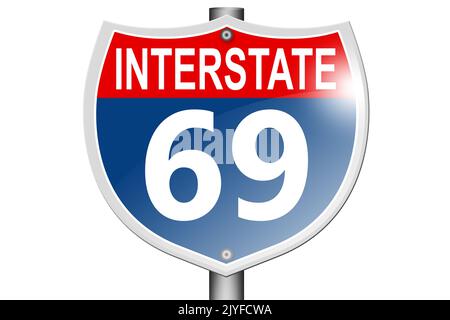 Interstate Highway 69 Straßenschild isoliert auf weißem Hintergrund, 3D Rendering Stockfoto