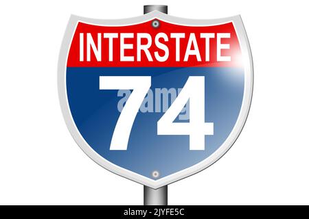 Interstate Highway 74 Straßenschild isoliert auf weißem Hintergrund, 3D Rendering Stockfoto