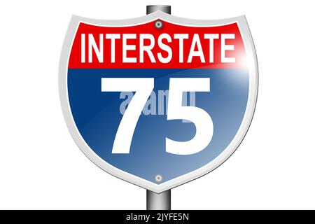 Interstate Highway 75 Straßenschild isoliert auf weißem Hintergrund, 3D Rendering Stockfoto