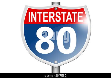 Interstate Highway 80 Straßenschild isoliert auf weißem Hintergrund, 3D Rendering Stockfoto