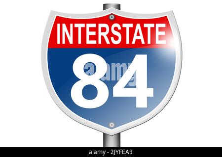 Interstate Highway 84 Straßenschild isoliert auf weißem Hintergrund, 3D Rendering Stockfoto