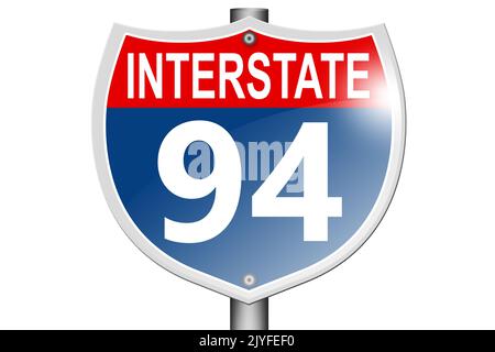 Interstate Highway 94 Straßenschild isoliert auf weißem Hintergrund, 3D Rendering Stockfoto