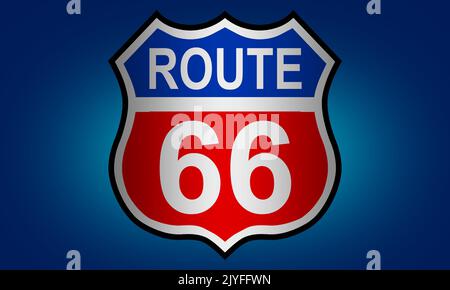 US Route 66 Schild, Schild mit Routennummer und Text, 3D Rendering Stockfoto
