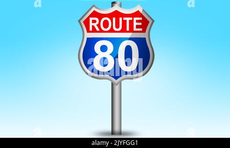 Vintage USA Route 80 Straßenschild mit Post, 3D Rendering Stockfoto