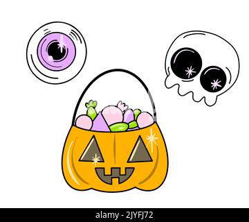 Vektor Niedliches Set von halloween-Ikonen im flachen Stil. Bonbon Kürbis, Schädel, lila Auge. Stock Vektor