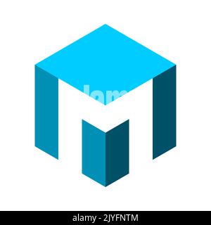 Logo mit M-Würfel. 3D Schachtel mit dem Buchstaben M. Blaue Blockform mit weißem Alphabet-Symbol. Medien- und Technologiekonzept. Isometrisches quadratisches Objekt. Vektor Stock Vektor