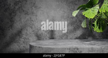 3D Darstellung von grauem Marmor Texture Podium und Hintergrund Display mit tropischem Blattschatten grüne Pflanze Stockfoto