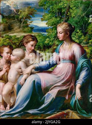 Girolamo Francesco Maria Mazzola genannt Parmigianino, Gemälde, Jungfrau und Kind mit Johannes dem Täufer und Maria Magdalena, Öl auf Papier auf Tafel, 1535-1540 Stockfoto