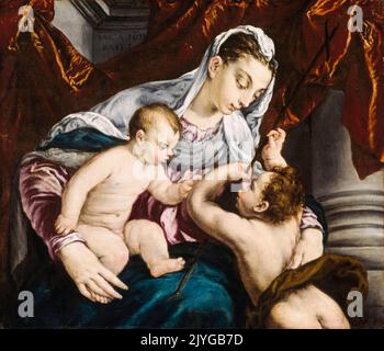 Jacopo Bassano, Jungfrau und Kind mit dem jungen Heiligen Johannes dem Täufer, Ölgemälde auf Leinwand, 1560-1565 Stockfoto