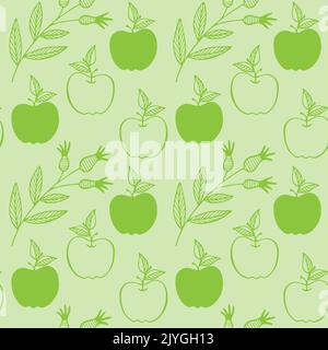 Apfel und Hagebutte nahtlos frischen grünen Hintergrund. Doodle Handzeichnung. Vektorgrafik Stock Vektor