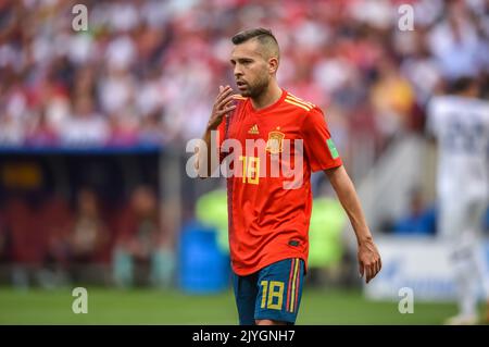 Moskau, Russland - 1. Juli 2018. Die spanische Fußballnationalmannschaft hat Jordi Alba beim FIFA Fußball-Weltmeisterschaft 2018 im Viertelfinale gegen Spanien und Russland (1-1) zurückgelassen. Stockfoto