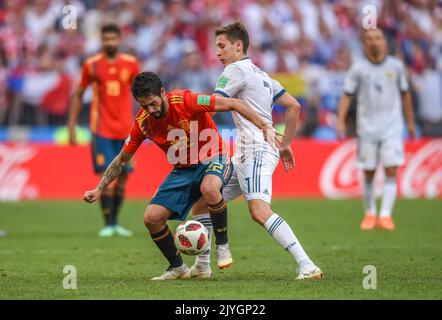 Moskau, Russland - 1. Juli 2018. Die spanische Fußballnationalmannschaft, Mittelfeldspieler ISCO, ist während des FIFA Fußball-Weltmeisterschaft 2018 im Viertelfinale Spanien gegen Russland (1-1) in Aktion. Stockfoto