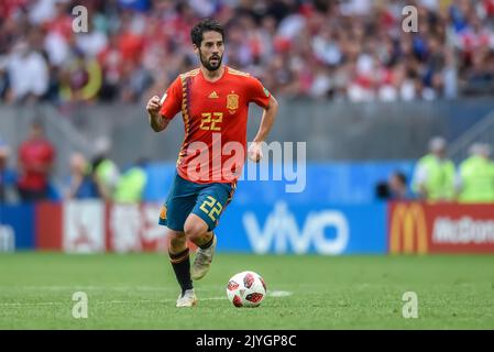 Moskau, Russland – 1. Juli 2018. Spanische Fußballnationalmannschaft Mittelfeldspieler ISCO während der FIFA Fußball-Weltmeisterschaft 2018 Partie der 16. Runde Spanien gegen Russland (1-1) Stockfoto