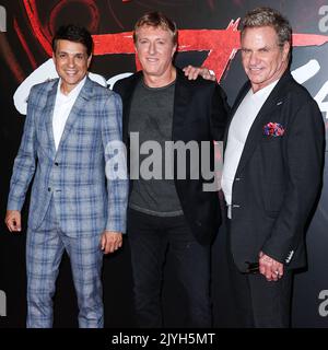 LOS ANGELES, KALIFORNIEN, USA - 07. SEPTEMBER: Ralph Macchio, William Zabka und Martin Kove kommen zur Los Angeles Premiere von Netflix's 'Cobra Kai' Saison 5, die am 7. September 2022 im Los Angeles State Historic Park in Los Angeles, Kalifornien, USA, stattfand. (Foto von Xavier Collin/Image Press Agency) Stockfoto