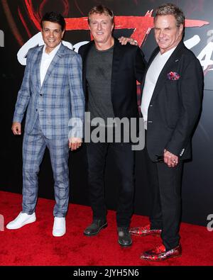 Los Angeles, Usa. 07. September 2022. LOS ANGELES, KALIFORNIEN, USA - 07. SEPTEMBER: Ralph Macchio, William Zabka und Martin Kove kommen zur Los Angeles Premiere von Netflix's 'Cobra Kai' Saison 5, die am 7. September 2022 im Los Angeles State Historic Park in Los Angeles, Kalifornien, USA, stattfand. (Foto von Xavier Collin/Image Press Agency) Quelle: Image Press Agency/Alamy Live News Stockfoto