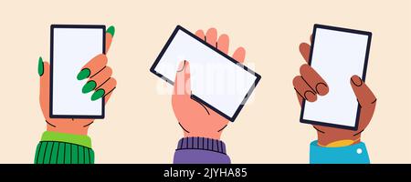 Satz von Hand halten Smartphone mit weißem Bildschirm. Smartphones mit leerem Bildschirm. Hände berühren, Smartphone-Bildschirme durchblättern, Anwendungen verwenden. Stock Vektor