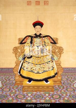 China: Der junge Kaiser Qianlong (25. September 1711 - 7. Februar 1799) im ersten Jahr seiner Herrschaft. Hängende Schriftrolle von Giuseppe Castiglione (19. Juli 1688 - 17. Juli 1766), 1736. Der Qianlong-Kaiser, Geburtsname Hongli, war der fünfte Kaiser der von Mandschu geführten Qing-Dynastie und der vierte Qing-Kaiser, der über China selbst regierte. Der vierte Sohn des Yongzheng-Imperators regierte offiziell von 1736 bis 1795. Am 8. Februar (dem ersten Tag des Mondjahres) gab er zugunsten seines Sohnes, des Jiaqing-Imperators, ab. Stockfoto