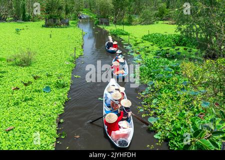 Der Fährmann nimmt Reisende mit auf eine Bootstour entlang der Kanäle im Mangrovenwald. Dies ist ein Ökotourismus-Gebiet am Mekong Delta in an Giang, Vietnam Stockfoto