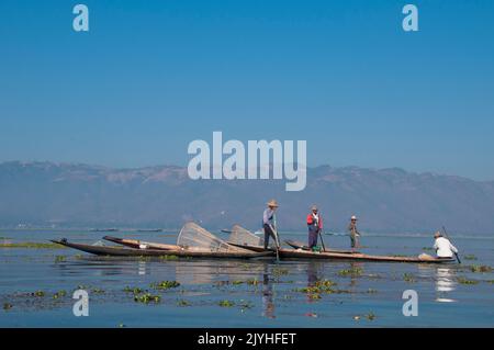 Burma / Myanmar: Intha-Fischer auf dem Inle Lake, Shan State. Inle Lake ist ein Süßwassersee im Bundesstaat Shan. Es ist der zweitgrößte See in Myanmar und einer der höchsten in einer Höhe von 2.900 Fuß (880 m). Die rund 70.000 Einwohner des Inle-Sees (Intha genannt) leben in vier am See angrenzenden Städten, in zahlreichen kleinen Dörfern am Seeufer und am See selbst. Die Bevölkerung besteht überwiegend aus Intha, mit einer Mischung aus anderen Shan, Taungyo, Pa-O (Taungthu), Danu, Kayah, Danaw- und Bamar-Ethnien. Stockfoto