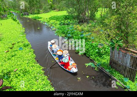 Der Fährmann nimmt Reisende mit auf eine Bootstour entlang der Kanäle im Mangrovenwald. Dies ist ein Ökotourismus-Gebiet am Mekong Delta in an Giang, Vietnam Stockfoto