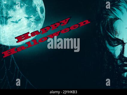 Happy halloween Illustration oder Poster, mit Vampir Vollmond und Fledermäuse. Blautöne. Stockfoto