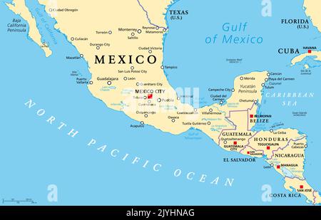 Mesoamerika, politische Landkarte. Historische Region und kulturelles Gebiet im südlichen Nordamerika und den meisten von Mittelamerika, von Mexiko bis Costa Rica. Stockfoto