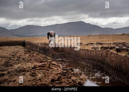 Ein Rasenmäher mitten im ausgedehnten Torfmoor am Rande des Ballycroy-Nationalparks. Er schneidet seinen Rasen von Hand, mit einem Sléan. Stockfoto