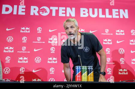 Leipzig, Deutschland. 08. September 2022. Fußball-Bundesliga: Marco Rose nimmt als neuer Trainer von RB Leipzig an der Pressekonferenz im Trainingszentrum Teil. Kredit: Jan Woitas/dpa - WICHTIGER HINWEIS: Gemäß den Anforderungen der DFL Deutsche Fußball Liga und des DFB Deutscher Fußball-Bund ist es untersagt, im Stadion und/oder vom Spiel aufgenommene Fotos in Form von Sequenzbildern und/oder videoähnlichen Fotoserien zu verwenden oder zu verwenden./dpa/Alamy Live News Stockfoto