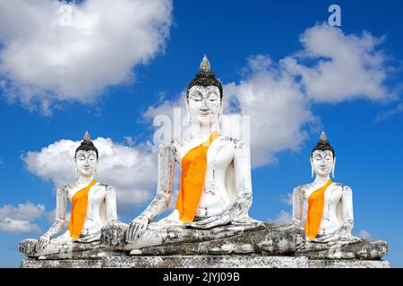 Drei weiße buddhas am Tempel Wat Mahathat vor blauem bewölktem Himmel, komponieren, Thailand, Ayutthaya Stockfoto