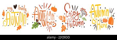 Hello Autumn Vektor handgezeichnetes Schriftzügen-Design. Herbst Willkommen Banner Kalligraphie Phrase. Stock Vektor