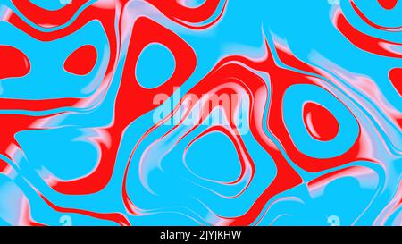Flüssiger Hintergrund, blau mit rot. Bizarre farbige Streifen auf der Oberfläche durch das Mischen des Farbstoffs in der Flüssigkeit. 3D Rendern. Stockfoto