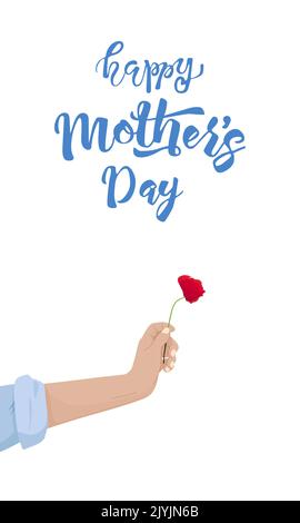 Grußkarte zum Muttertag. Weibliche Hand hält eine Mohnblume mit Schriftzug Happy Mother's day. Stock Vektor