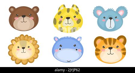 Set of Cartoon cute animals for baby card and invitation. Vector illustration. Lion, bear, tiger, koala. Stock Vektor
