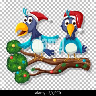 Zwei blaue Vögel tragen Weihnachtsmützen Illustration Stock Vektor